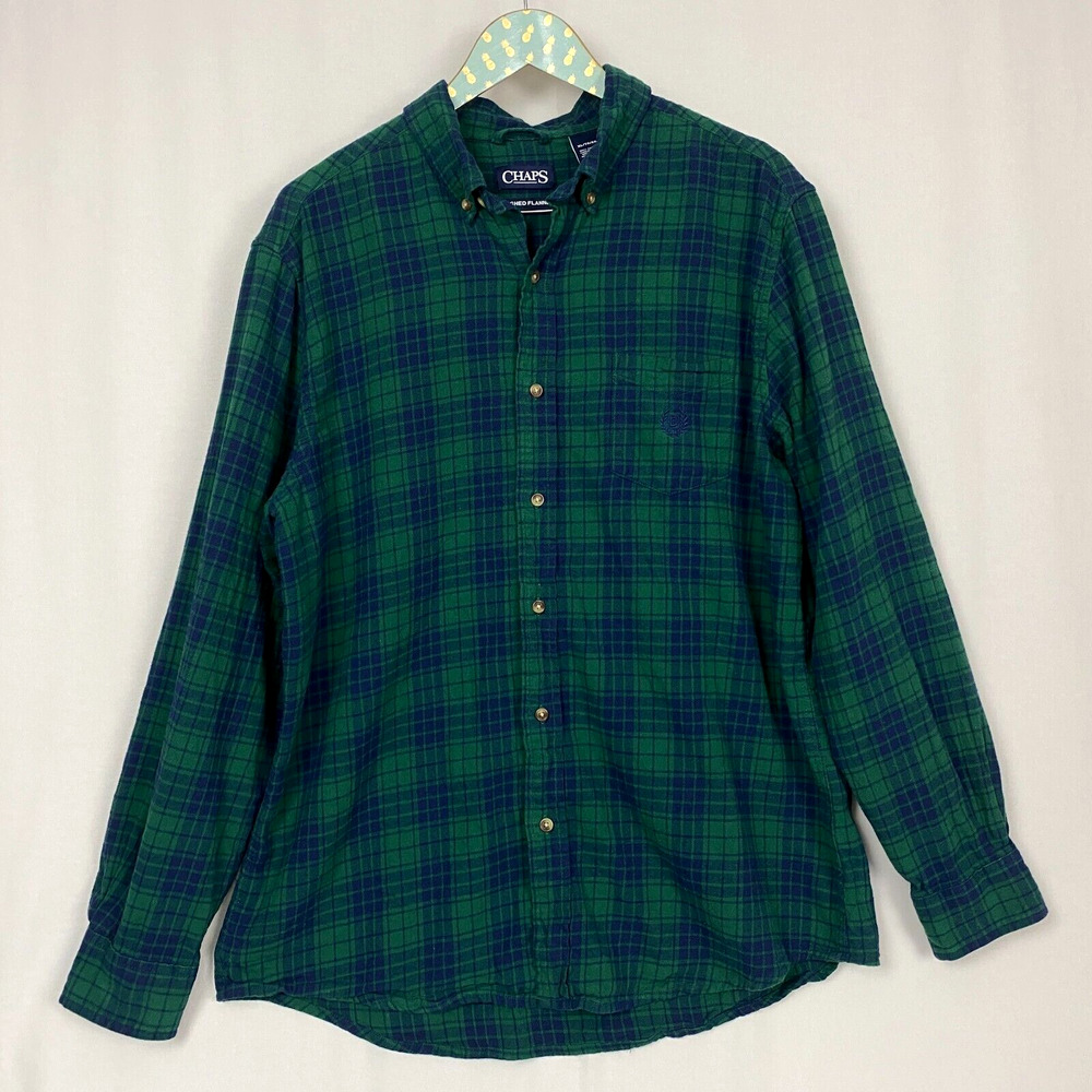Chaps Brushed Flannel Shirt Mens‎ XL Green Blue Plaid Button Up Pocket Vintage